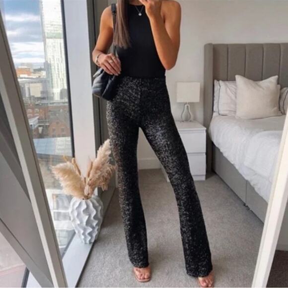 Sincerely Jules Sequin Flare Pants Black Size S - Picture 1 of 8